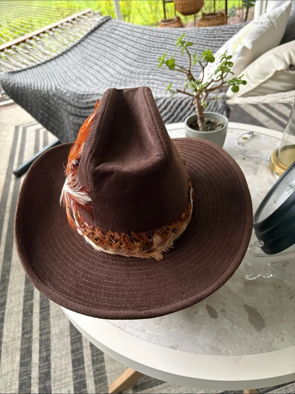 Brown Peacock Feather Trim Cowboy Hat Canyon Trail Suede Western Boho Retro